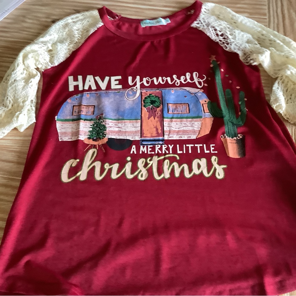 Southern Grace Red Christmas Camper Tee with Cream Lace Sleeves